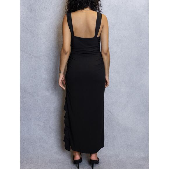 Vintage Y2K Betsy & Adam Rhinestone Ruffle Ruched Black Maxi Dress 12P - Picture 2 of 9